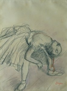 Danseres die haar Slipper Vastmaakt, c.1865 door Edgar Degas